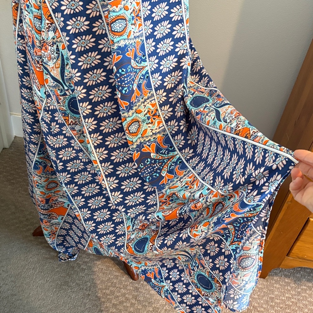 Boho Navy and Orange Floral Maxi Dress with Spaghetti Straps - Picture 5 of 7